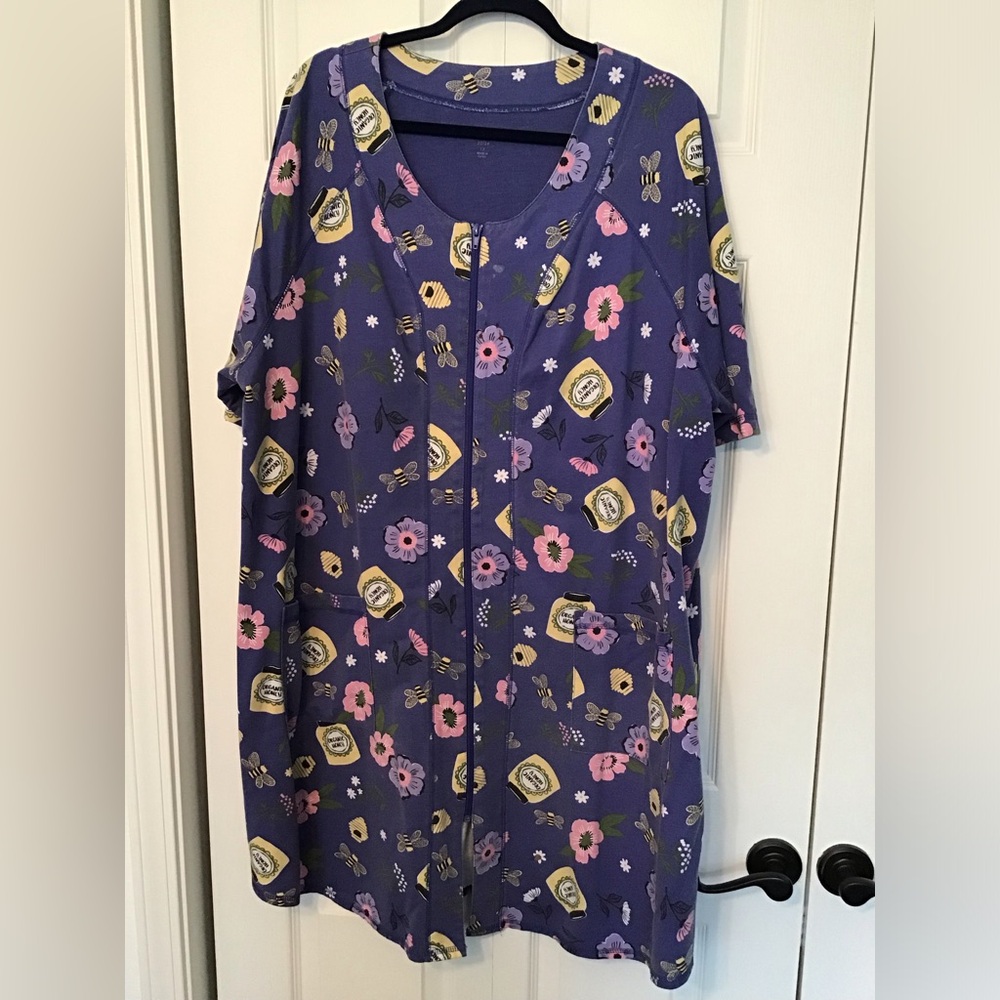 DREAMS CO. Women's Mid-Calf Cotton Knit Zippered Robe Purple Print 1X